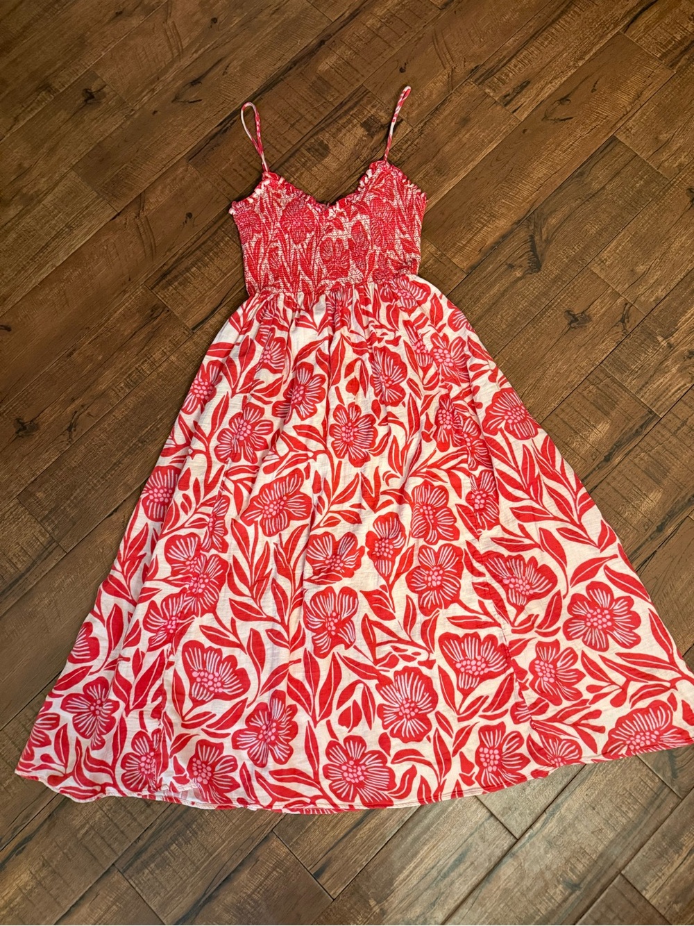 Free People Sweet Nothings Midi Dress Large Red Floral Smocked Cotton Pockets